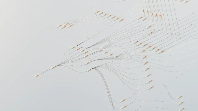 Abstract illustration depicting complex digital neural networks and data flow.