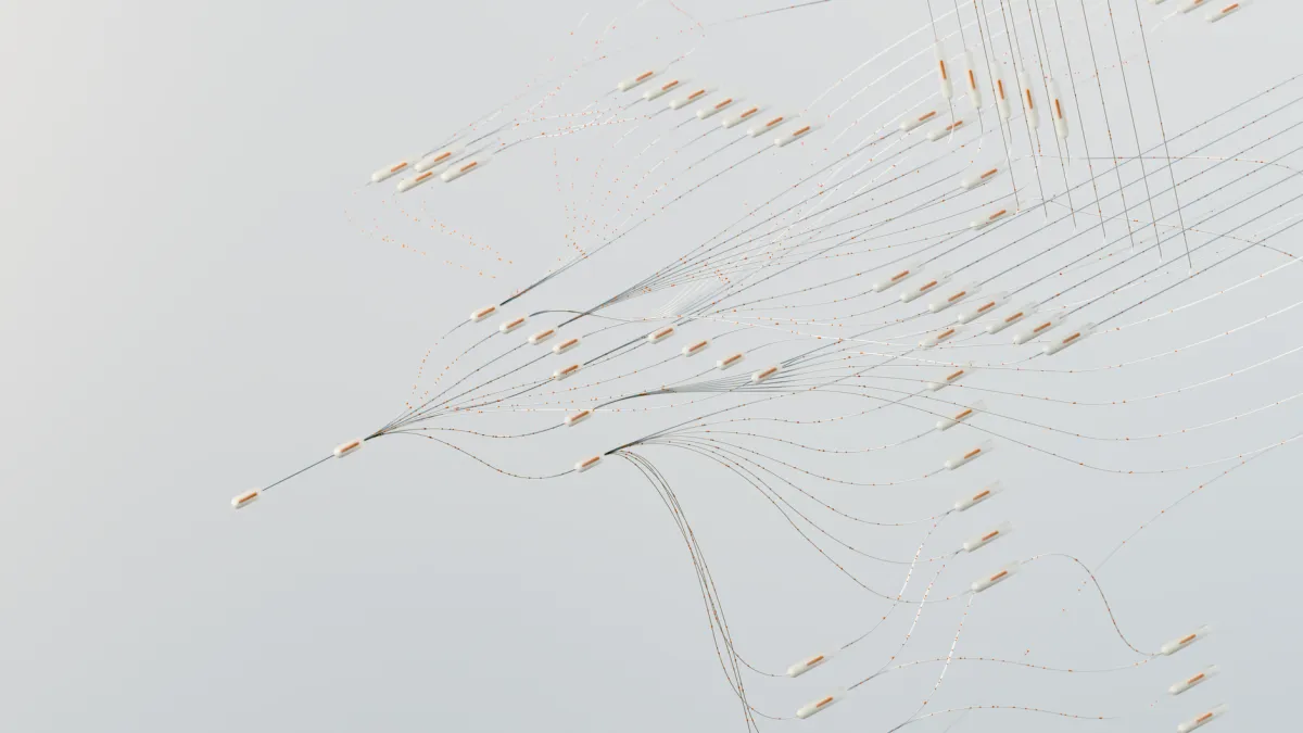 Abstract illustration depicting complex digital neural networks and data flow.